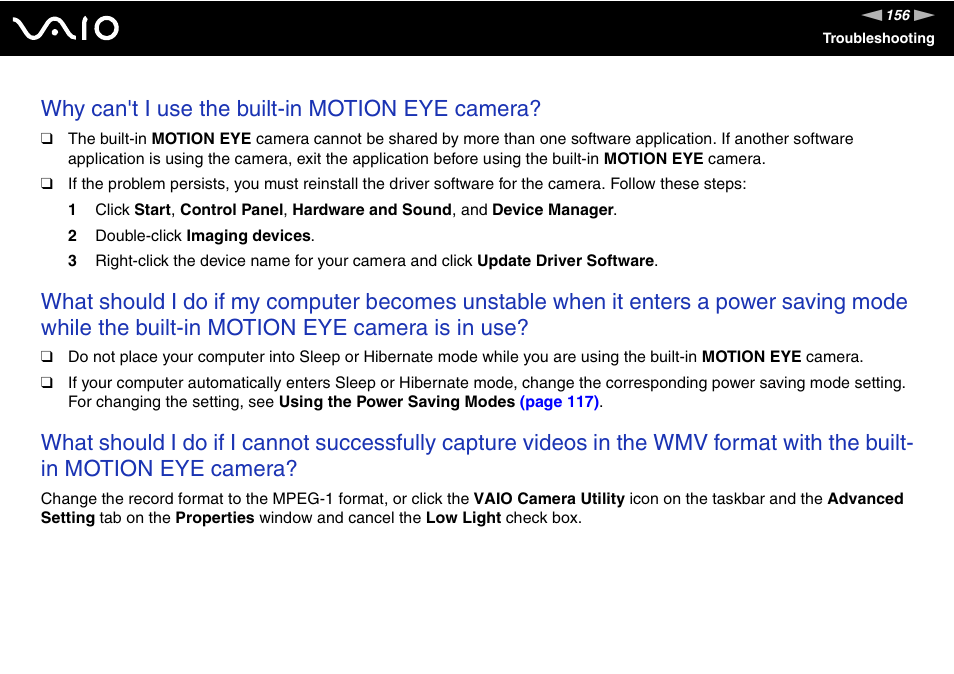 Why can't i use the built-in motion eye camera | Sony VGN-AR550U User Manual | Page 156 / 206