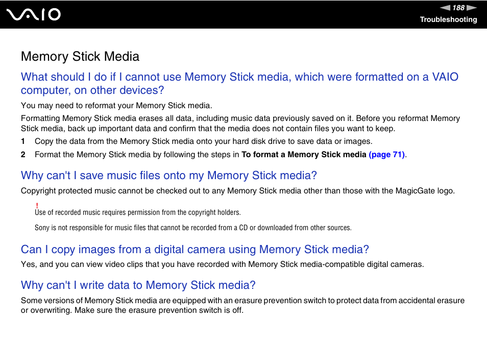 Memory stick media | Sony VGN-AR550U User Manual | Page 188 / 206