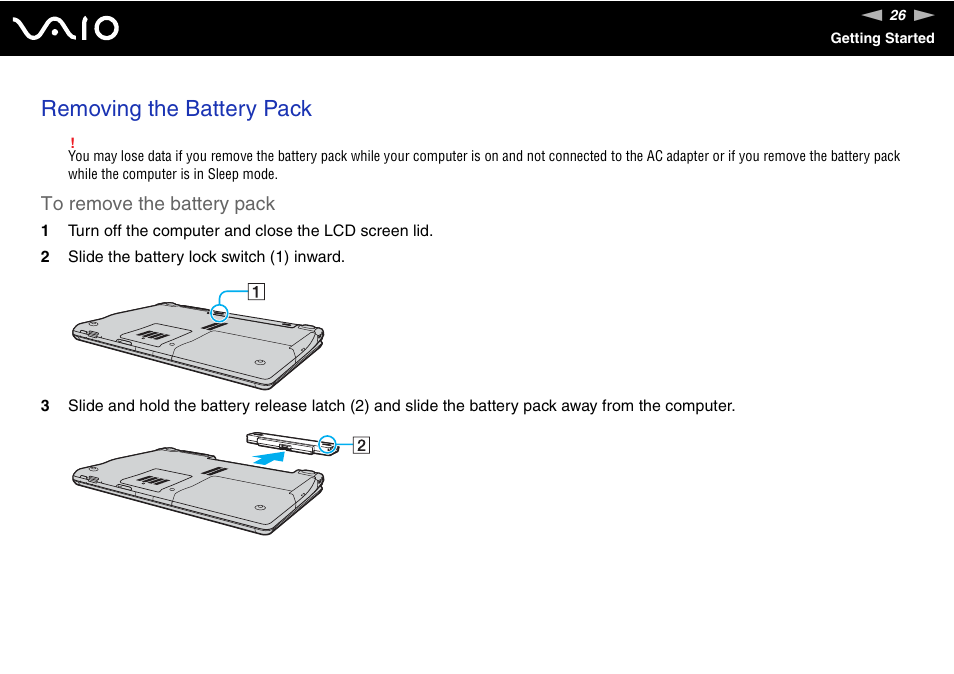 Removing the battery pack | Sony VGN-AR550U User Manual | Page 26 / 206