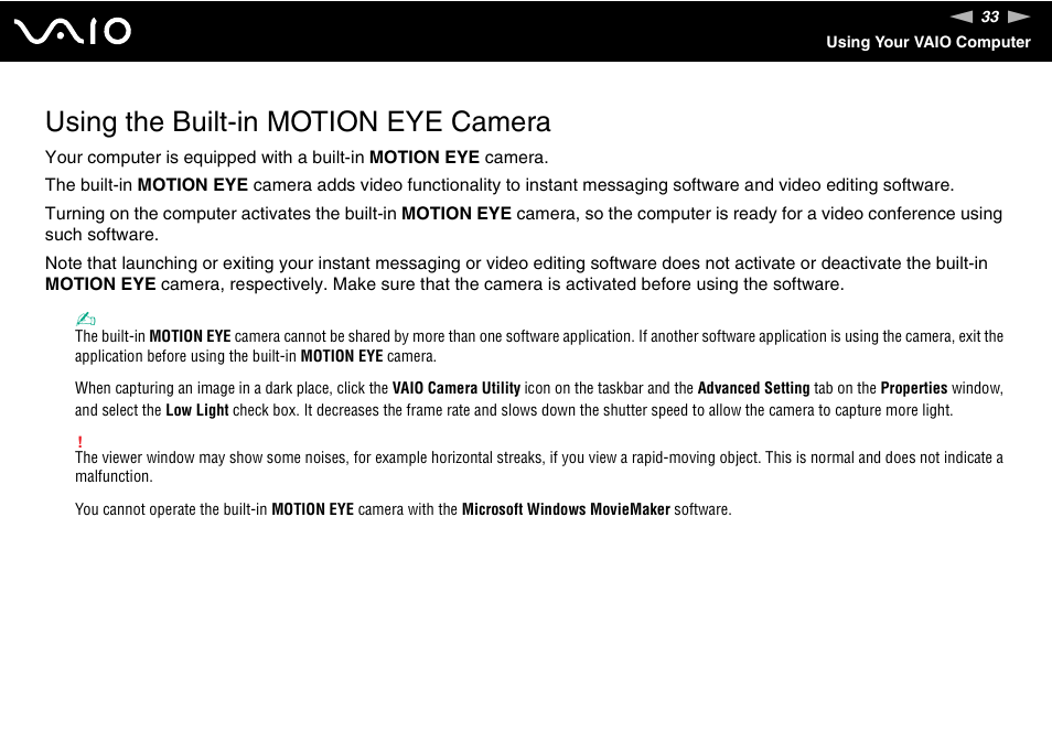 Using the built-in motion eye camera | Sony VGN-AR550U User Manual | Page 33 / 206