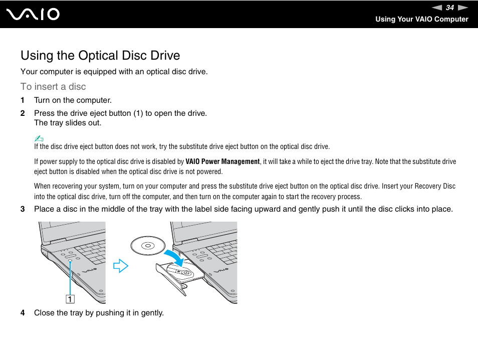 Using the optical disc drive | Sony VGN-AR550U User Manual | Page 34 / 206