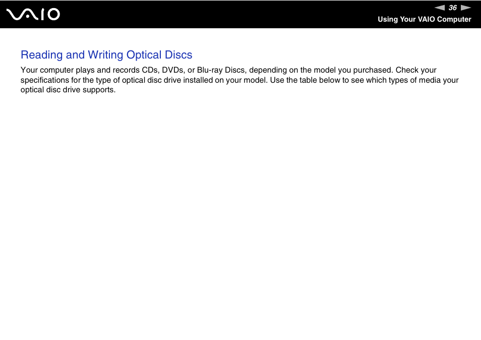 Reading and writing optical discs | Sony VGN-AR550U User Manual | Page 36 / 206