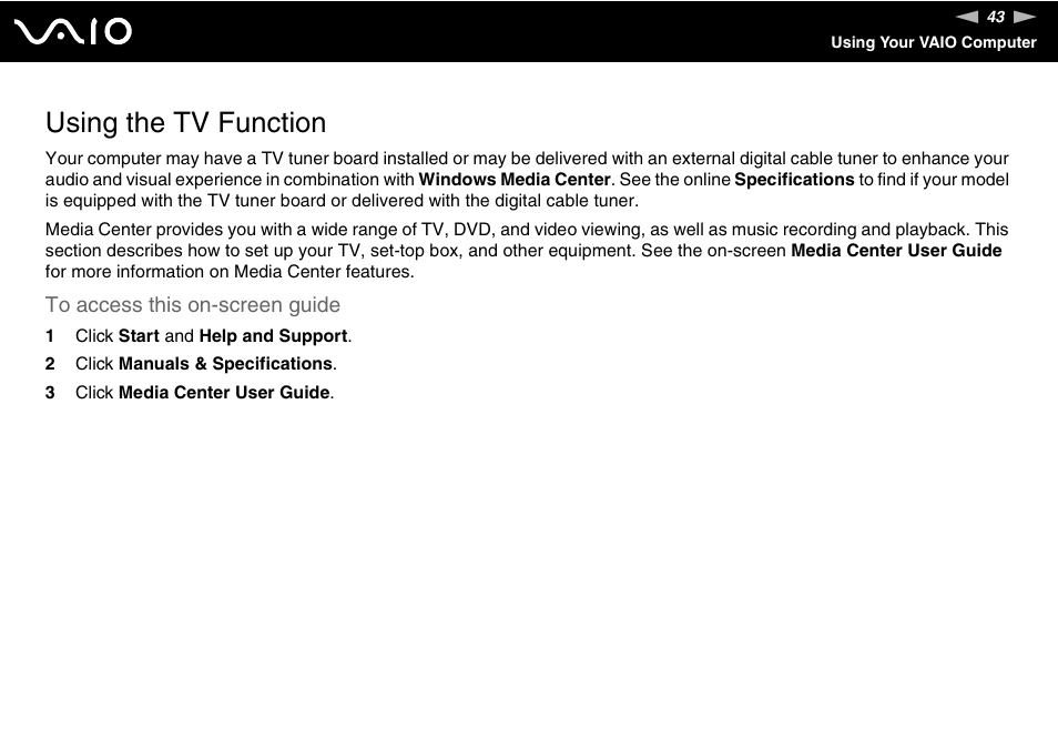 Using the tv function, Tion | Sony VGN-AR550U User Manual | Page 43 / 206