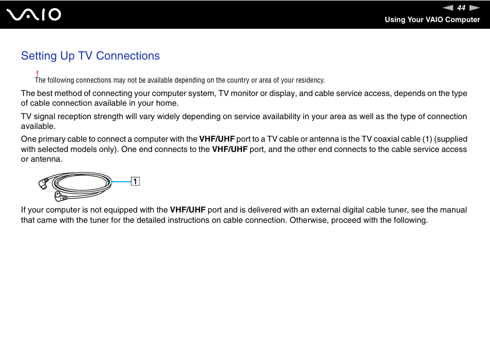 Setting up tv connections | Sony VGN-AR550U User Manual | Page 44 / 206