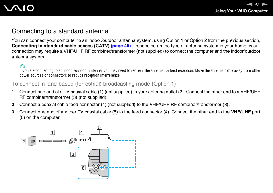 Connecting to a standard antenna | Sony VGN-AR550U User Manual | Page 47 / 206