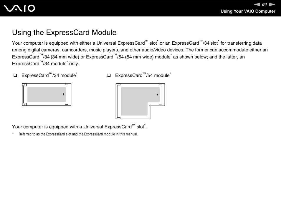 Using the expresscard module | Sony VGN-AR550U User Manual | Page 64 / 206