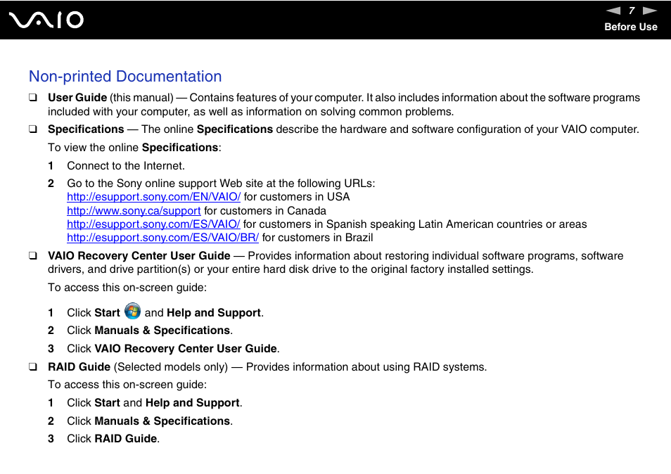 Non-printed documentation | Sony VGN-AR550U User Manual | Page 7 / 206