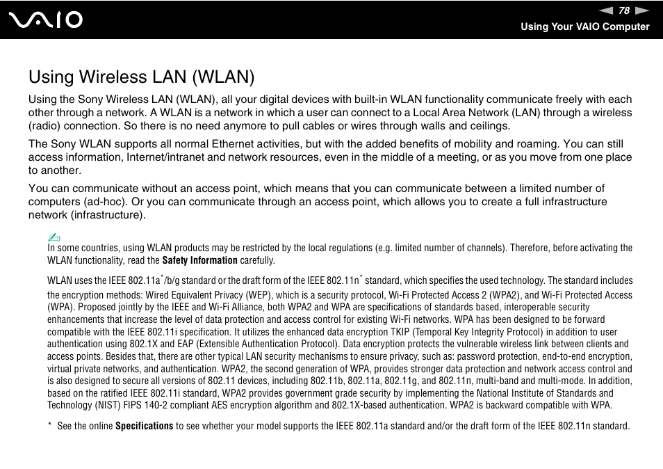 Using wireless lan (wlan) | Sony VGN-AR550U User Manual | Page 78 / 206