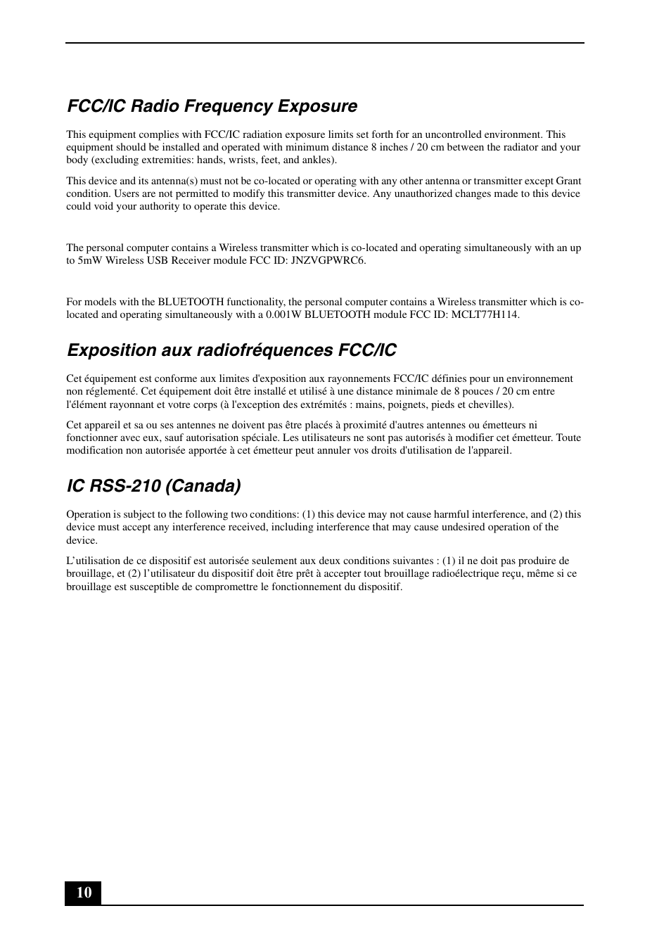 Fcc/ic radio frequency exposure, Exposition aux radiofréquences fcc/ic, Ic rss-210 (canada) | Sony VPCL211FX User Manual | Page 10 / 20