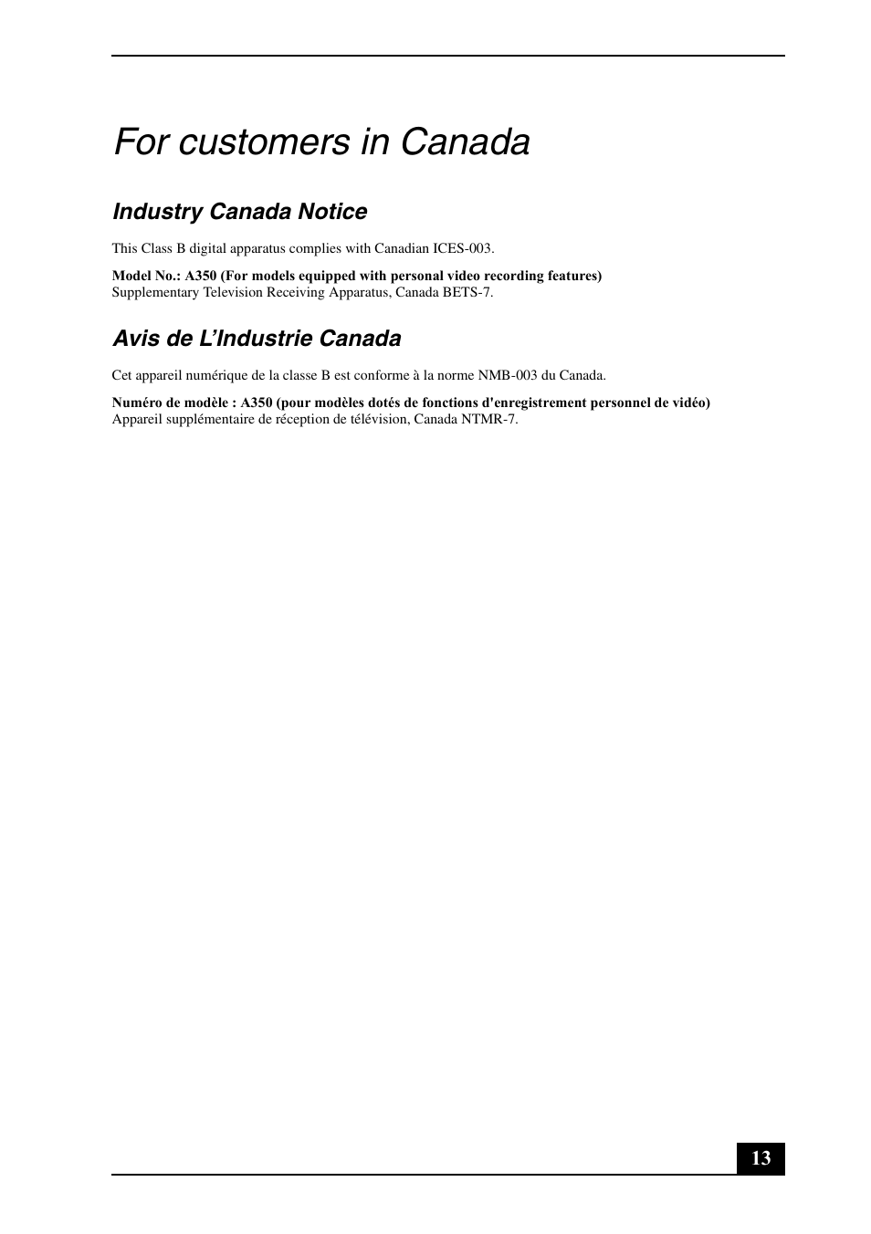 For customers in canada, Industry canada notice, Avis de l’industrie canada | Sony VPCL211FX User Manual | Page 13 / 20