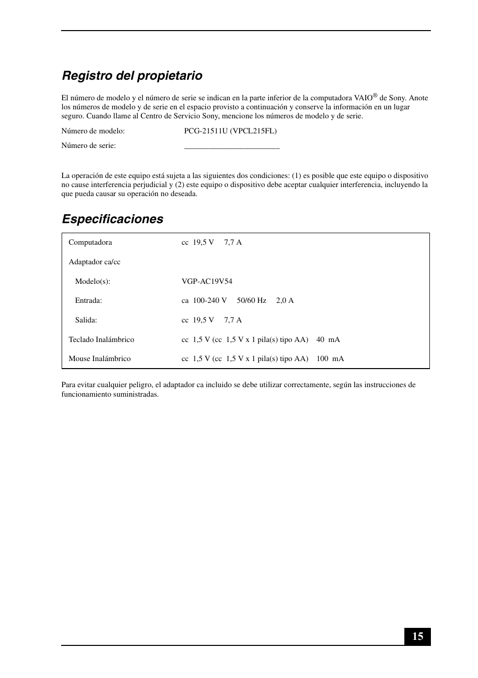 Registro del propietario, Especificaciones | Sony VPCL211FX User Manual | Page 15 / 20