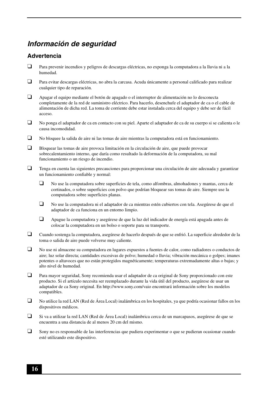 Información de seguridad | Sony VPCL211FX User Manual | Page 16 / 20