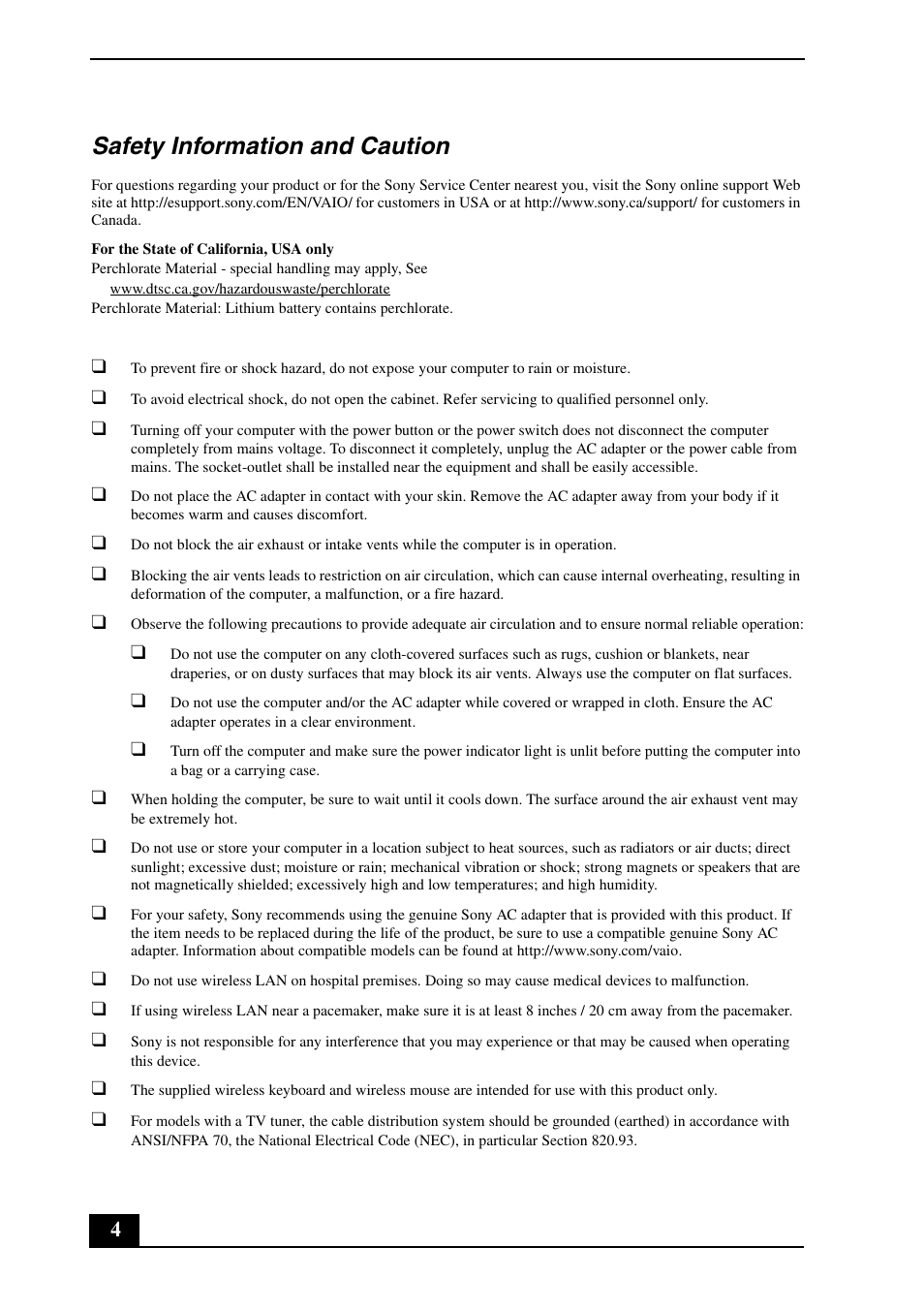 Safety information and caution | Sony VPCL211FX User Manual | Page 4 / 20