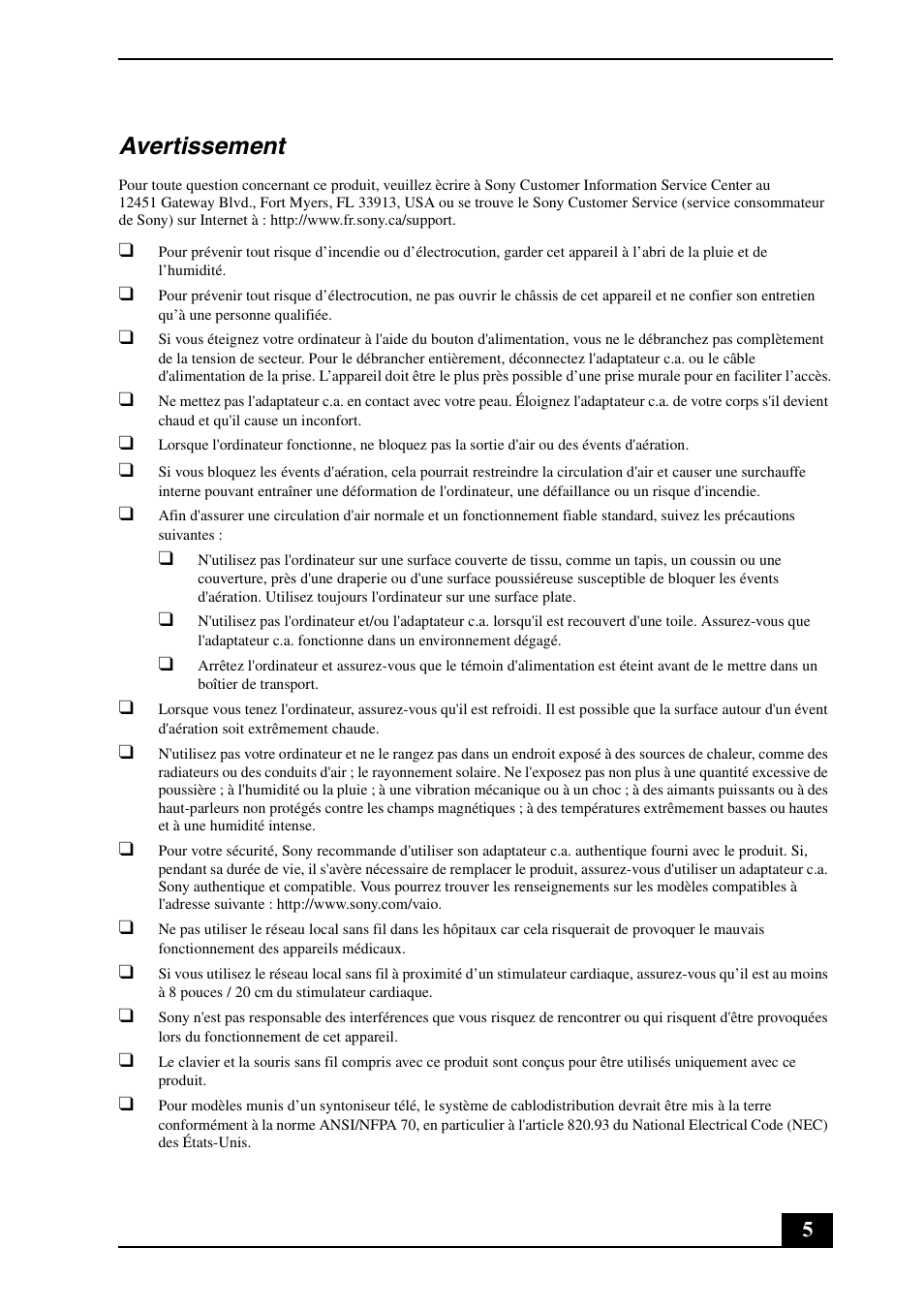 Avertissement | Sony VPCL211FX User Manual | Page 5 / 20