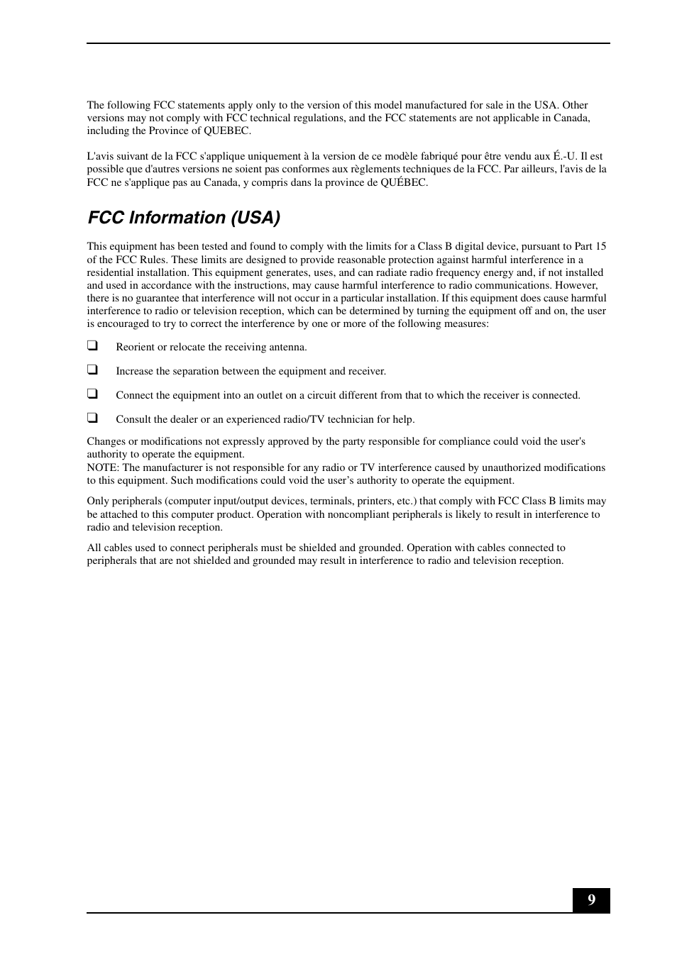 Fcc information (usa) | Sony VPCL211FX User Manual | Page 9 / 20