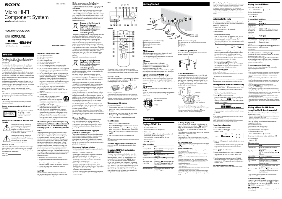 Sony CMT-MX500I User Manual | 2 pages