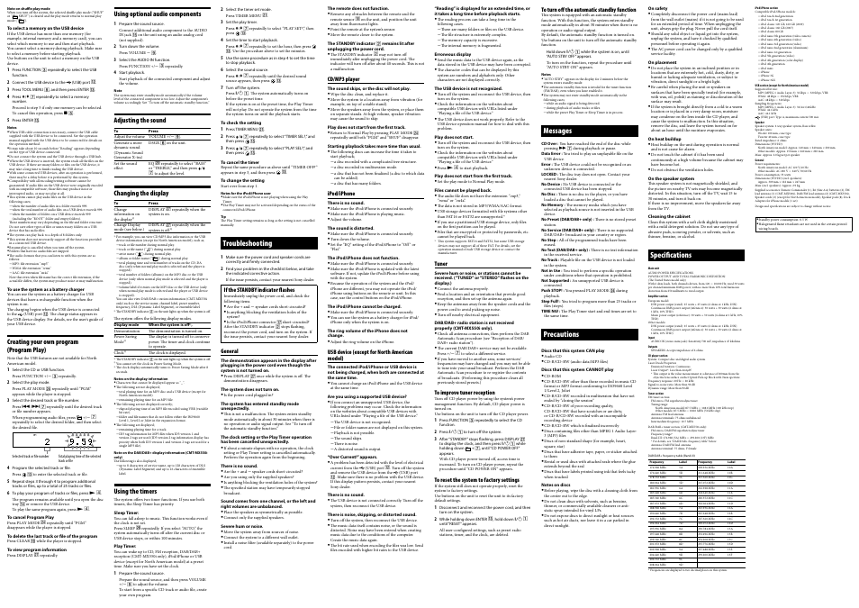 Troubleshooting, Messages, Precautions | Specifications | Sony CMT-MX500I User Manual | Page 2 / 2