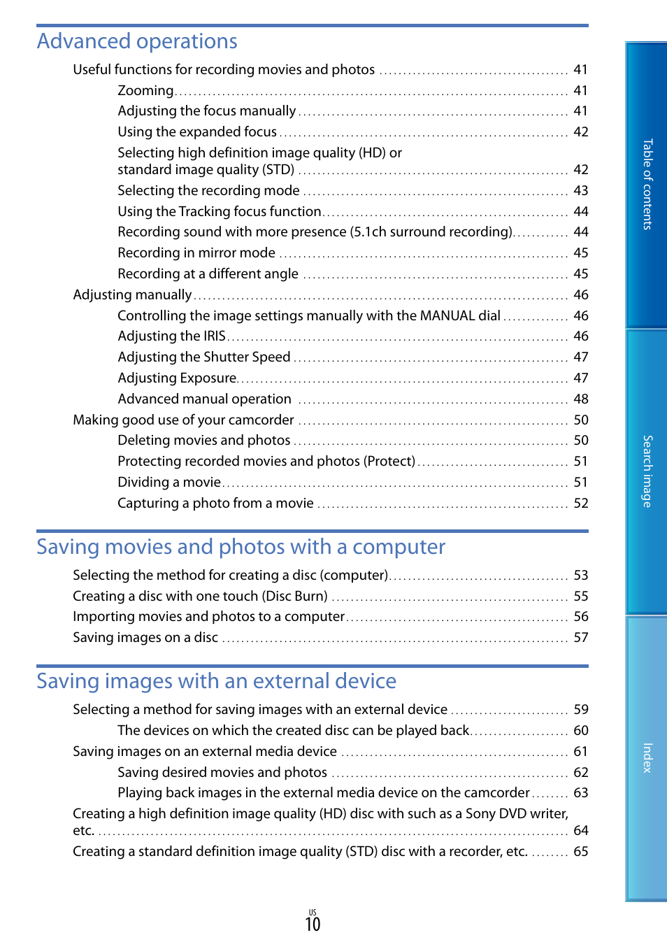 Advanced operations, Saving movies and photos with a computer, Saving images with an external device | Sony NEX-VG20 User Manual | Page 10 / 117