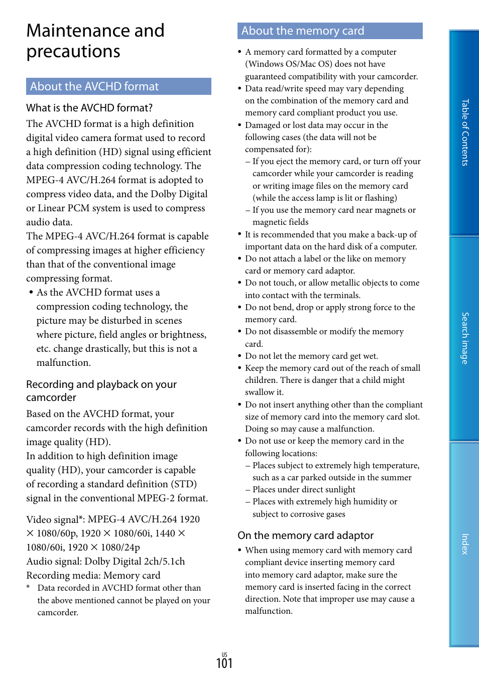 Maintenance and precautions, About the avchd format, About the memory card | About the avchd format about the memory card | Sony NEX-VG20 User Manual | Page 101 / 117