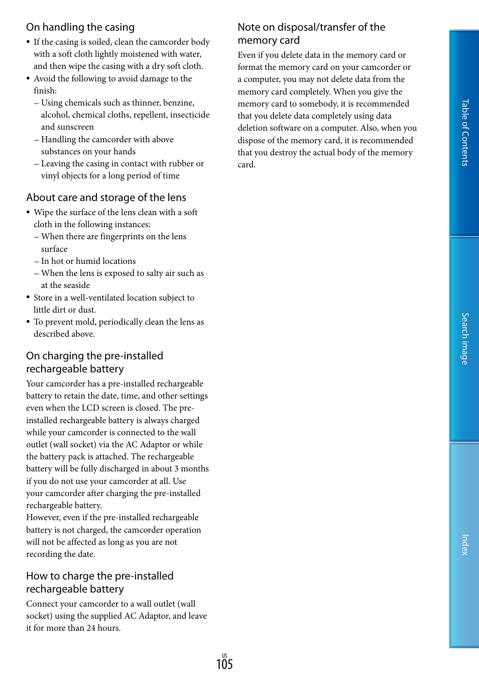 On handling the casing, About care and storage of the lens, On charging the pre-installed rechargeable battery | Sony NEX-VG20 User Manual | Page 105 / 117