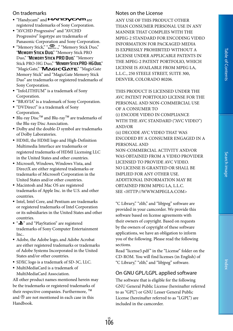 On trademarks, On gnu gpl/lgpl applied software | Sony NEX-VG20 User Manual | Page 106 / 117