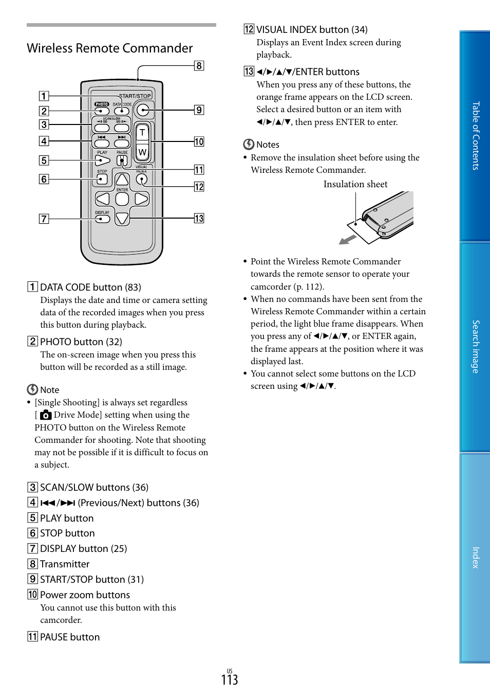 113) t, Wireless remote commander | Sony NEX-VG20 User Manual | Page 113 / 117