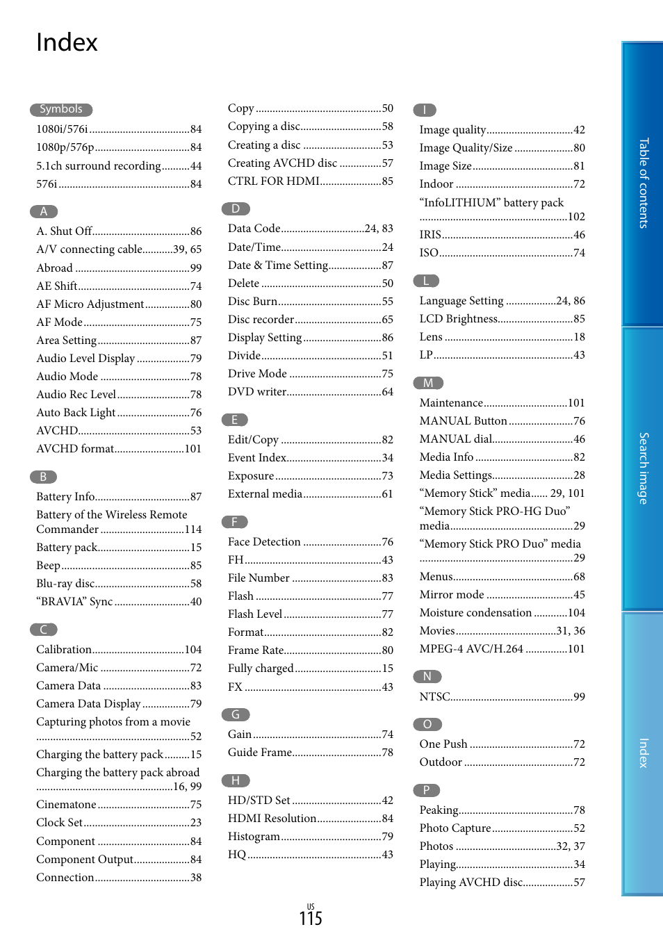 Index | Sony NEX-VG20 User Manual | Page 115 / 117