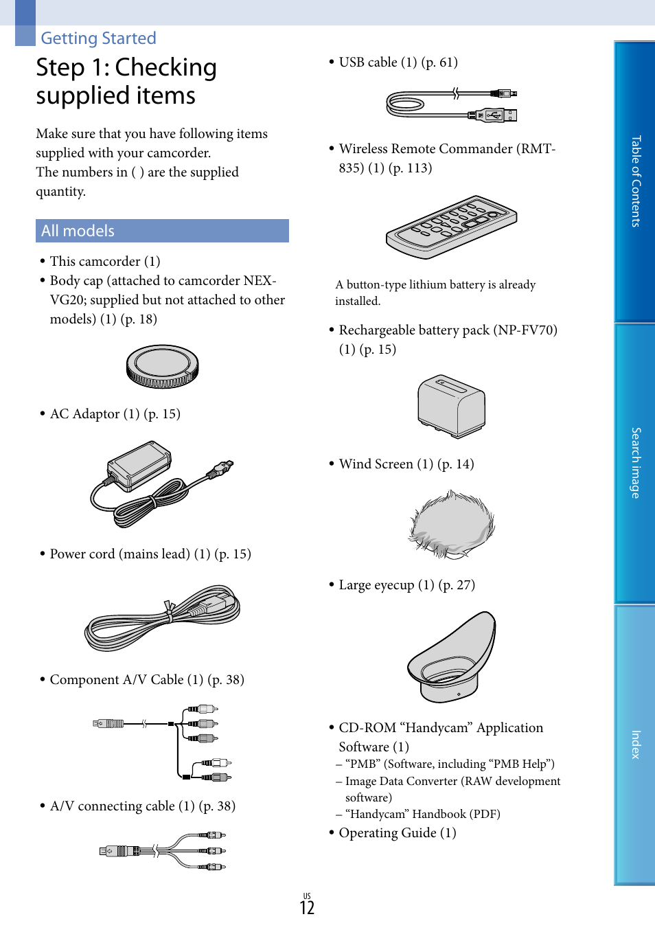 Getting started, Step 1: checking supplied items, All models | Sony NEX-VG20 User Manual | Page 12 / 117