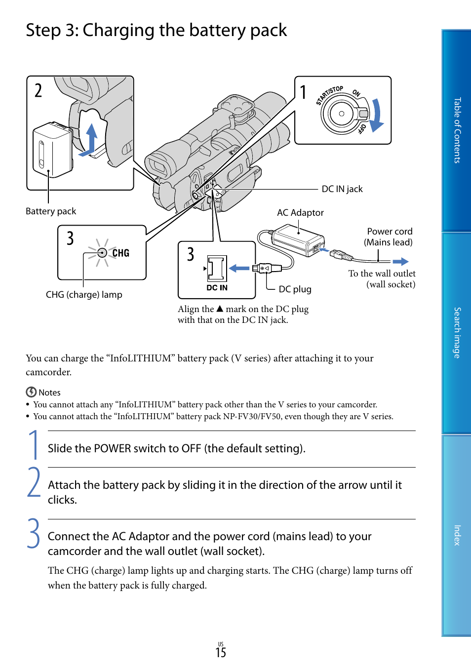 Step 3: charging the battery pack | Sony NEX-VG20 User Manual | Page 15 / 117