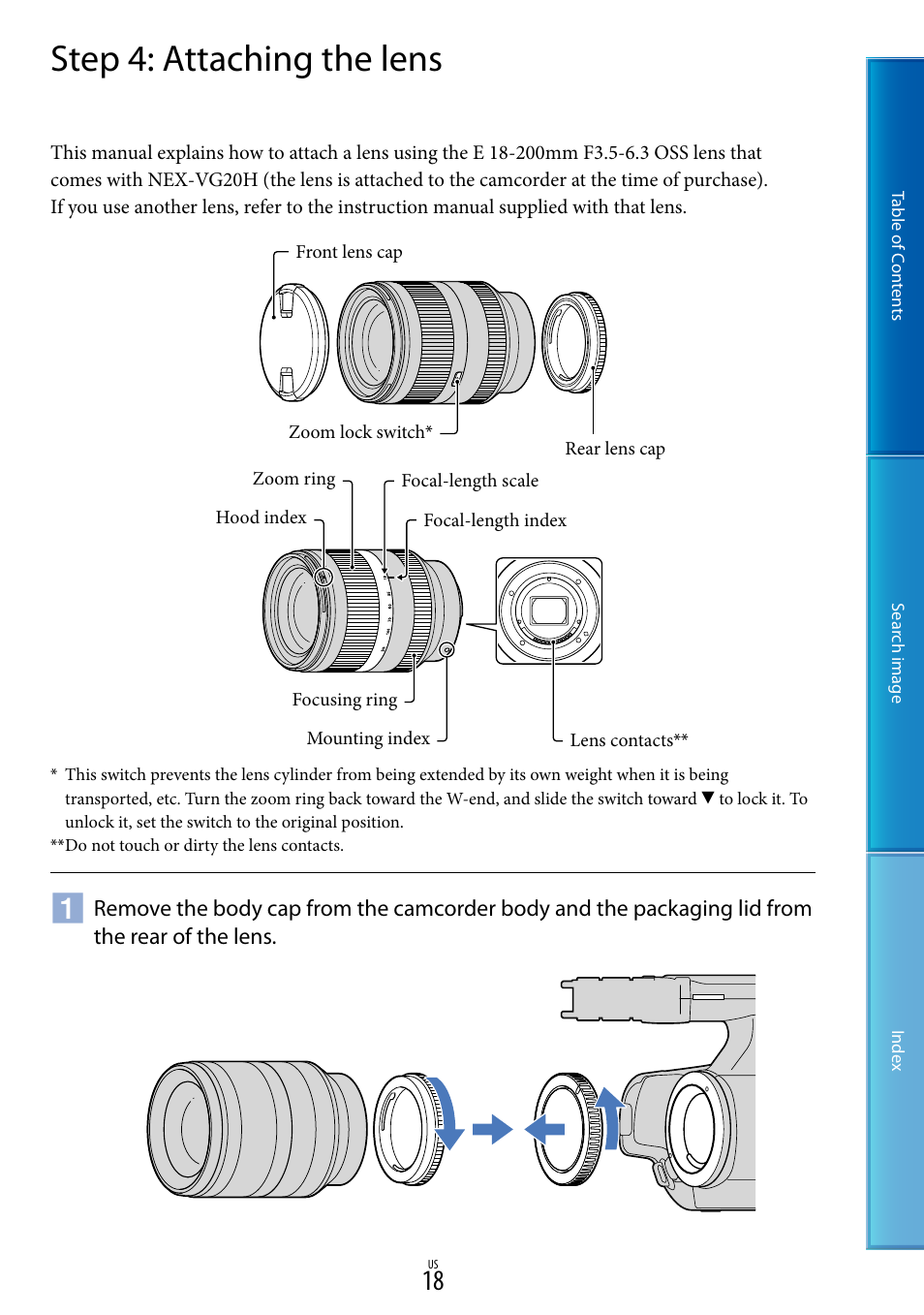 Step 4: attaching the lens | Sony NEX-VG20 User Manual | Page 18 / 117