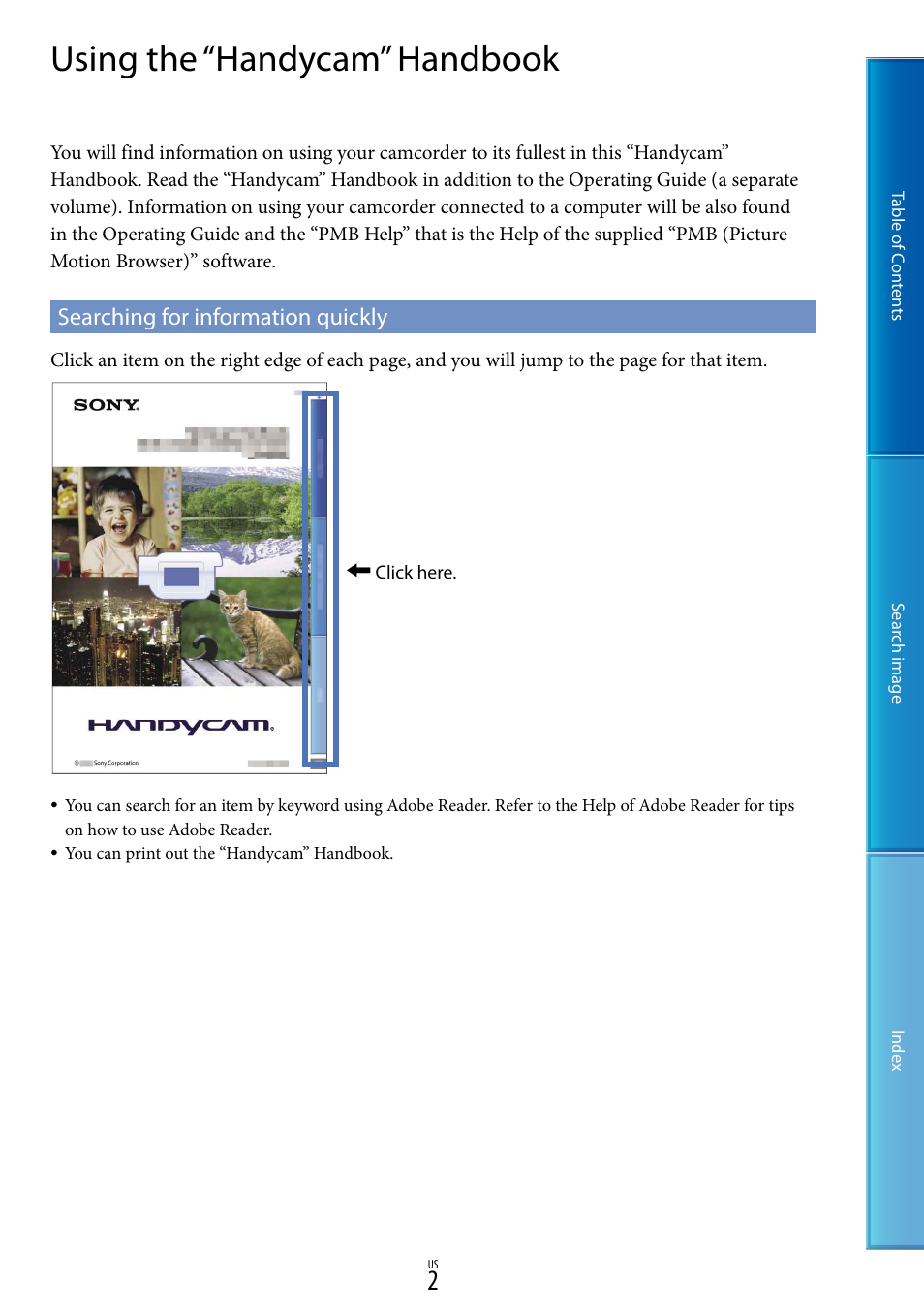 Using the “handycam” handbook, Searching for information quickly | Sony NEX-VG20 User Manual | Page 2 / 117