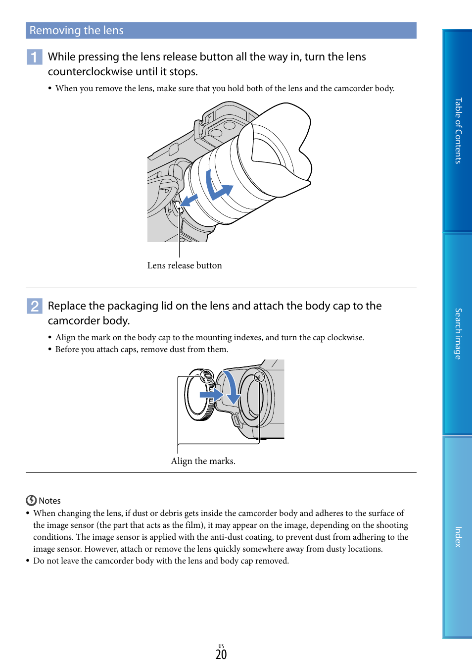 Removing the lens | Sony NEX-VG20 User Manual | Page 20 / 117