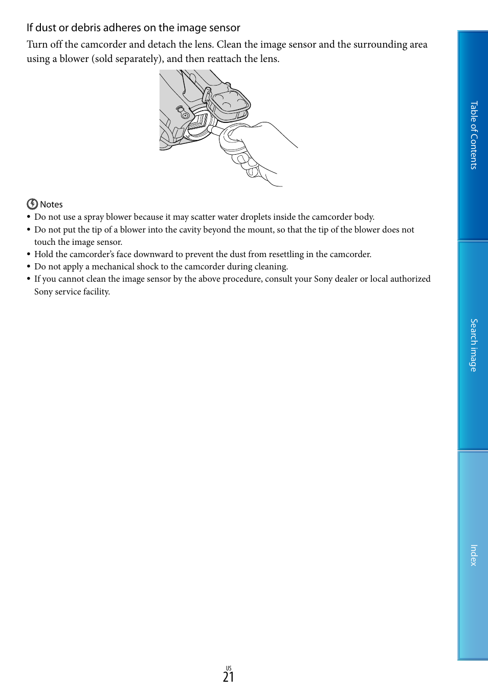 If dust or debris adheres on the image sensor | Sony NEX-VG20 User Manual | Page 21 / 117