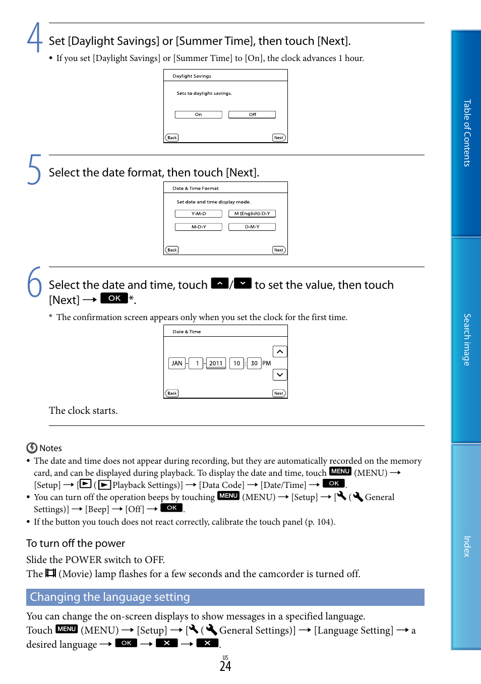 Changing the language setting | Sony NEX-VG20 User Manual | Page 24 / 117