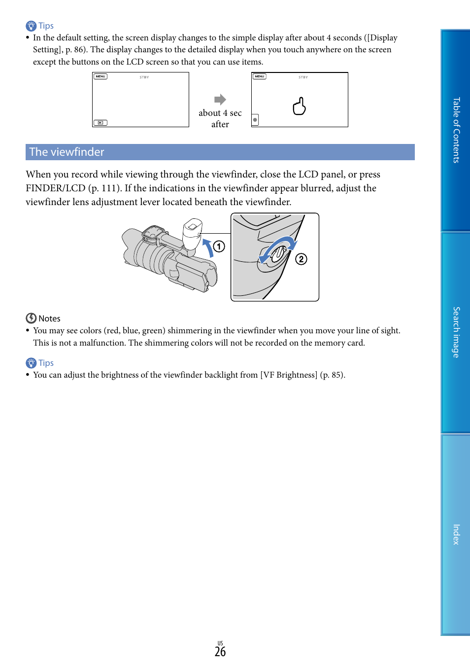 The viewfinder | Sony NEX-VG20 User Manual | Page 26 / 117