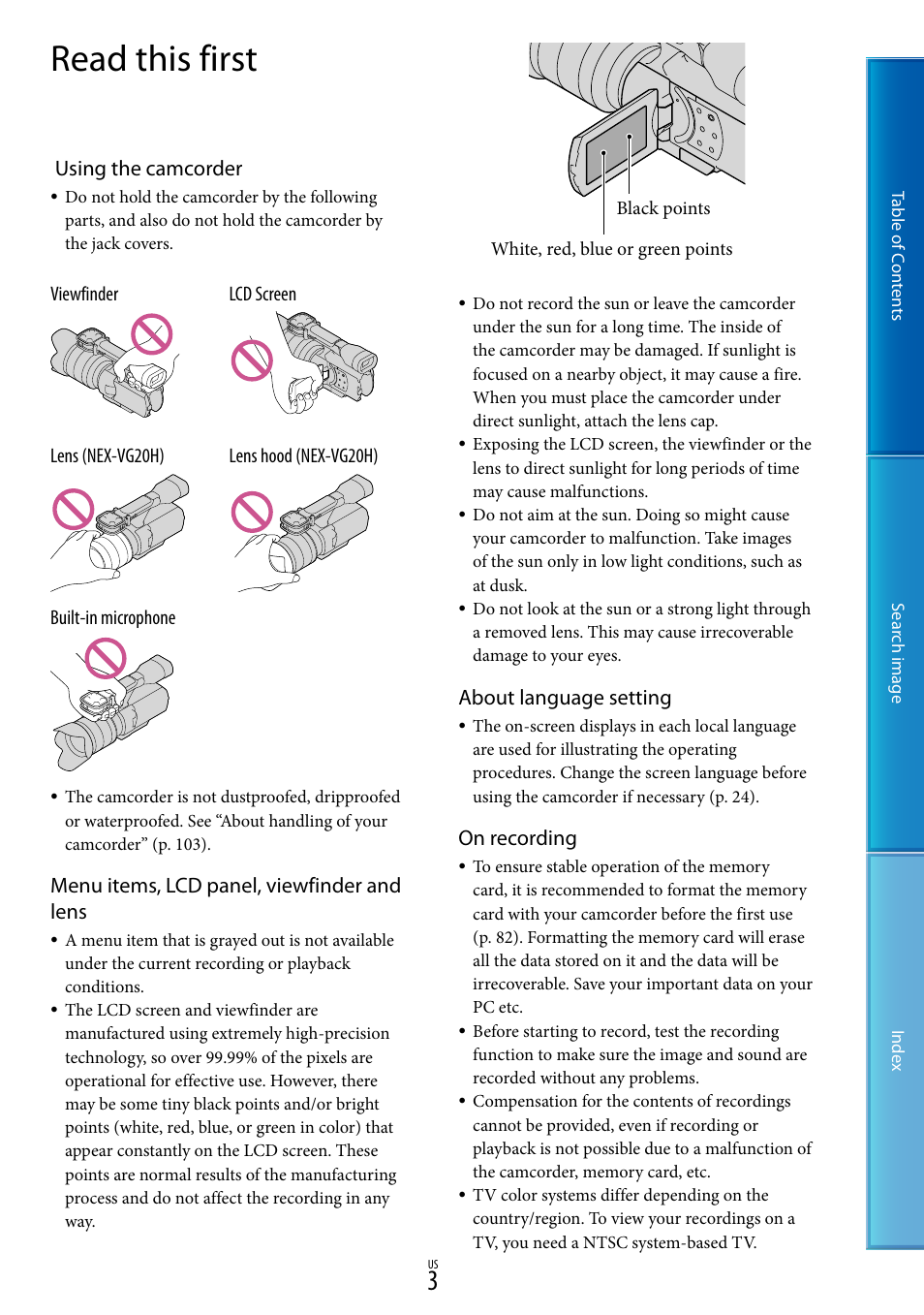 Read this first, Using the camcorder, Menu items, lcd panel, viewfinder and lens | About language setting, On recording | Sony NEX-VG20 User Manual | Page 3 / 117