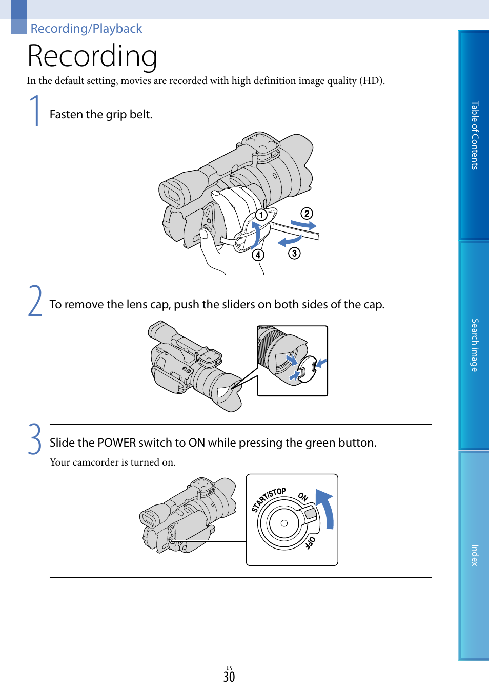 Recording/playback, Recording | Sony NEX-VG20 User Manual | Page 30 / 117