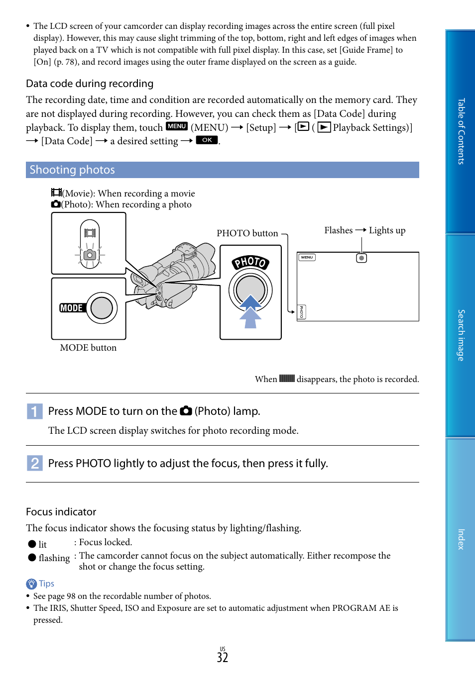 Shooting photos | Sony NEX-VG20 User Manual | Page 32 / 117