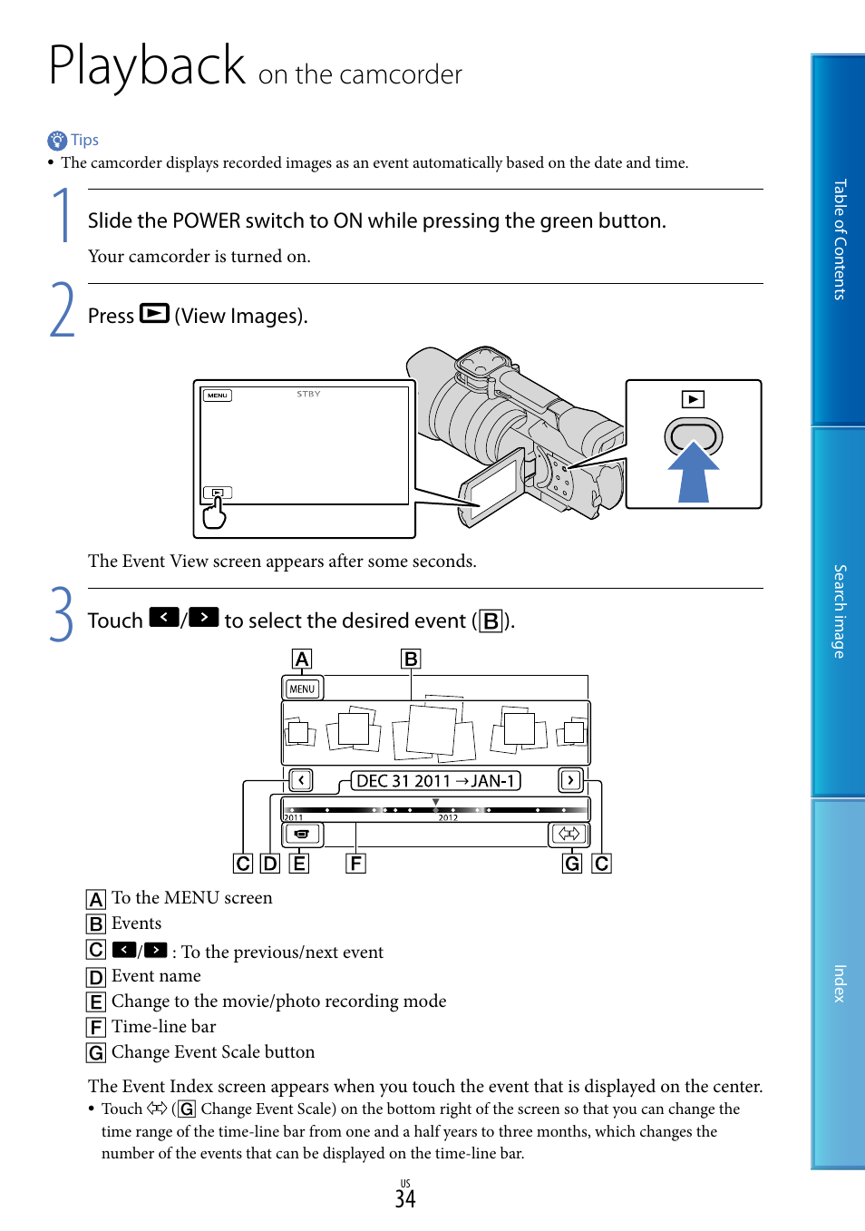 Playback on the camcorder, Playback, On.the.camcorder | Sony NEX-VG20 User Manual | Page 34 / 117