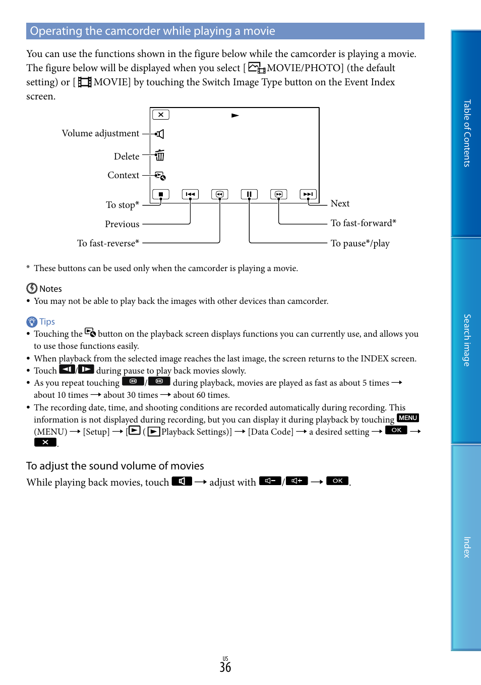 Operating the camcorder while playing a movie | Sony NEX-VG20 User Manual | Page 36 / 117