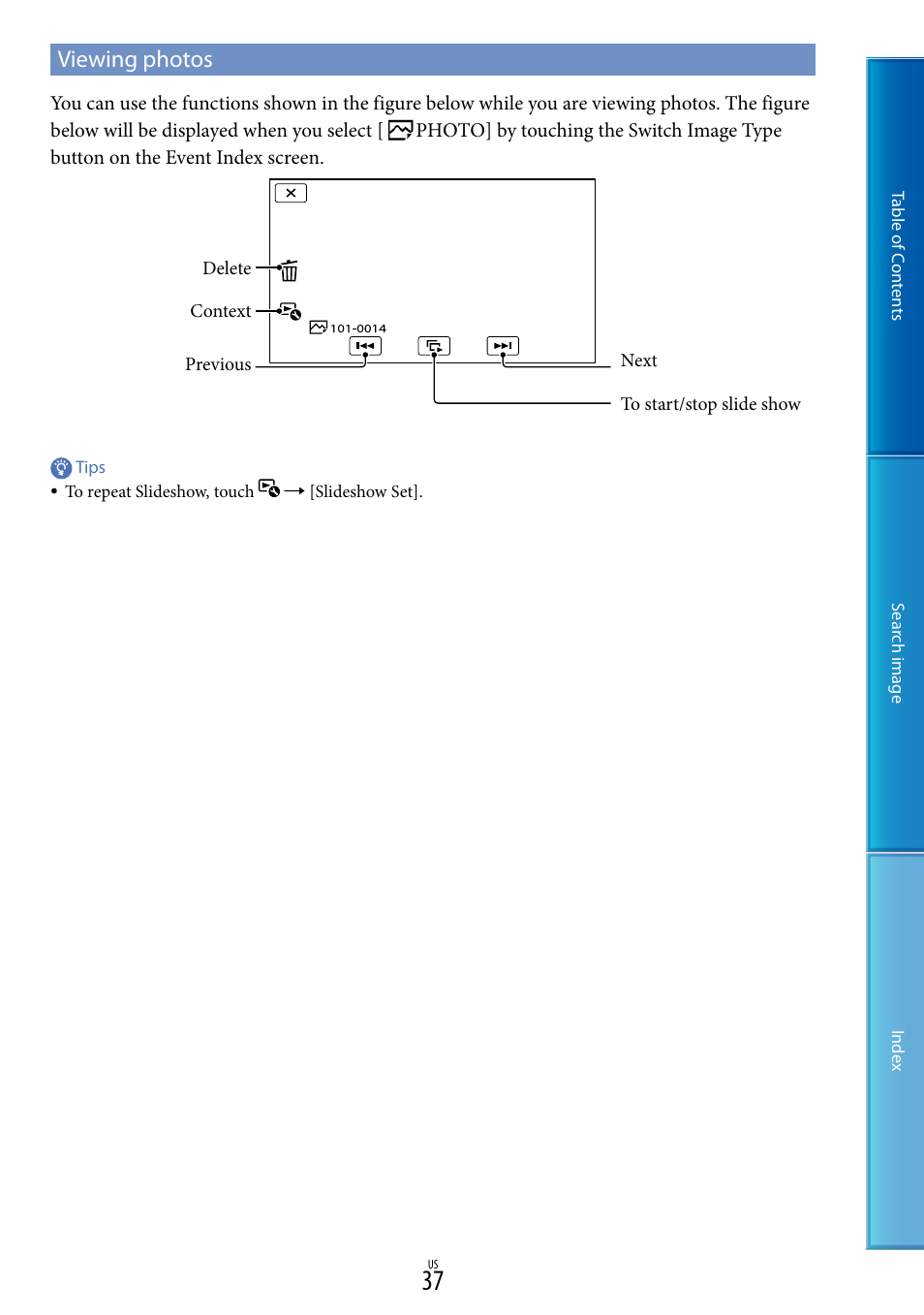 Viewing photos | Sony NEX-VG20 User Manual | Page 37 / 117