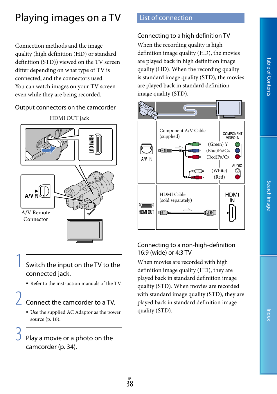 Playing images on a tv, List of connection | Sony NEX-VG20 User Manual | Page 38 / 117