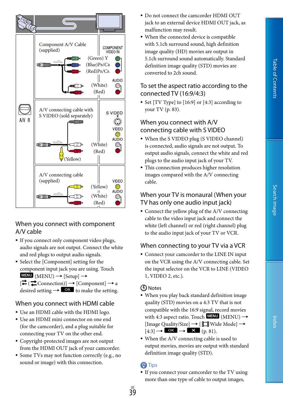 When you connect with component a/v cable, When you connect with hdmi cable, When connecting to your tv via a vcr | Sony NEX-VG20 User Manual | Page 39 / 117