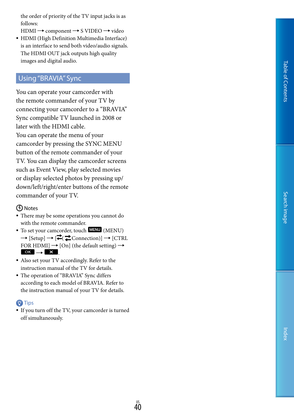 Using “bravia” sync | Sony NEX-VG20 User Manual | Page 40 / 117