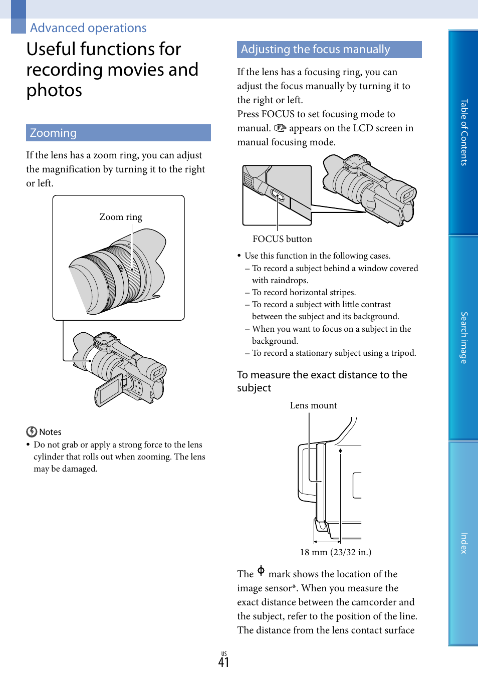 Advanced operations, Useful functions for recording movies and photos, Zooming | Adjusting the focus manually, Y (41), Zooming adjusting the focus manually | Sony NEX-VG20 User Manual | Page 41 / 117