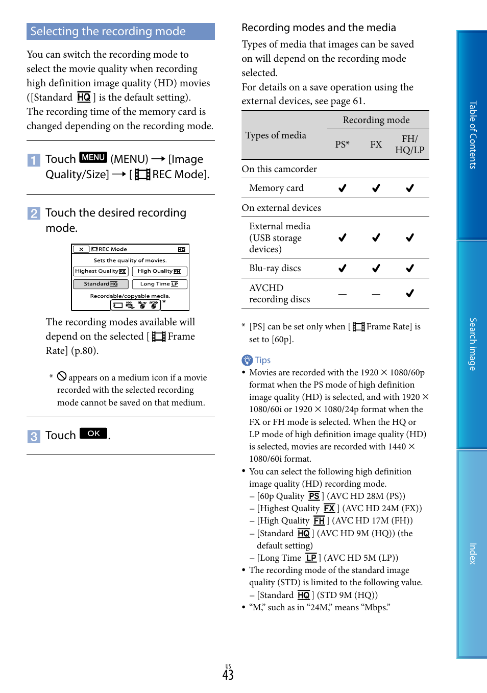 Selecting the recording mode, Touch | Sony NEX-VG20 User Manual | Page 43 / 117