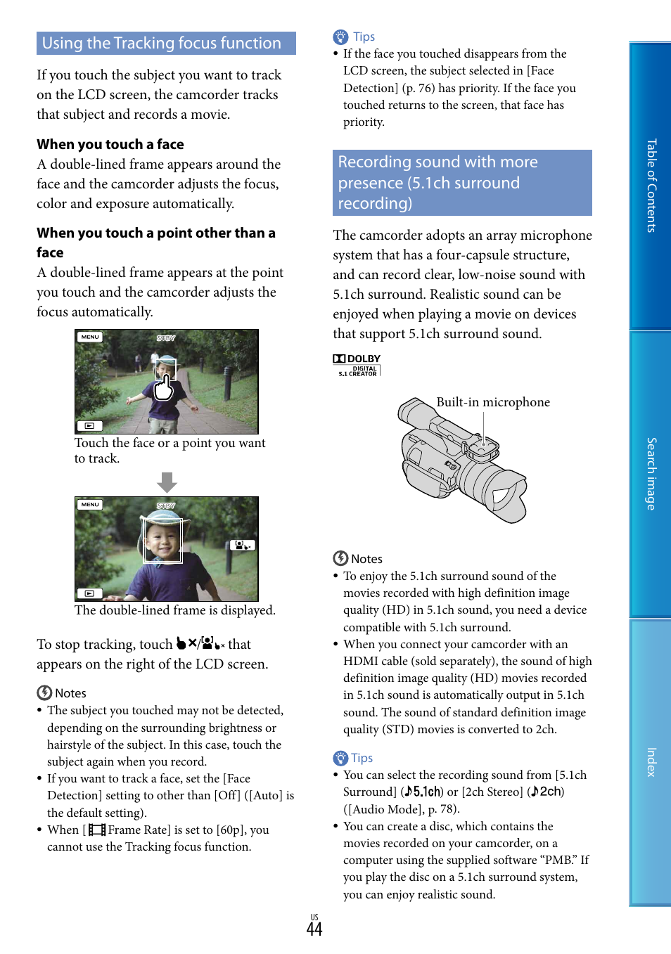 Using the tracking focus function, D (44) | Sony NEX-VG20 User Manual | Page 44 / 117