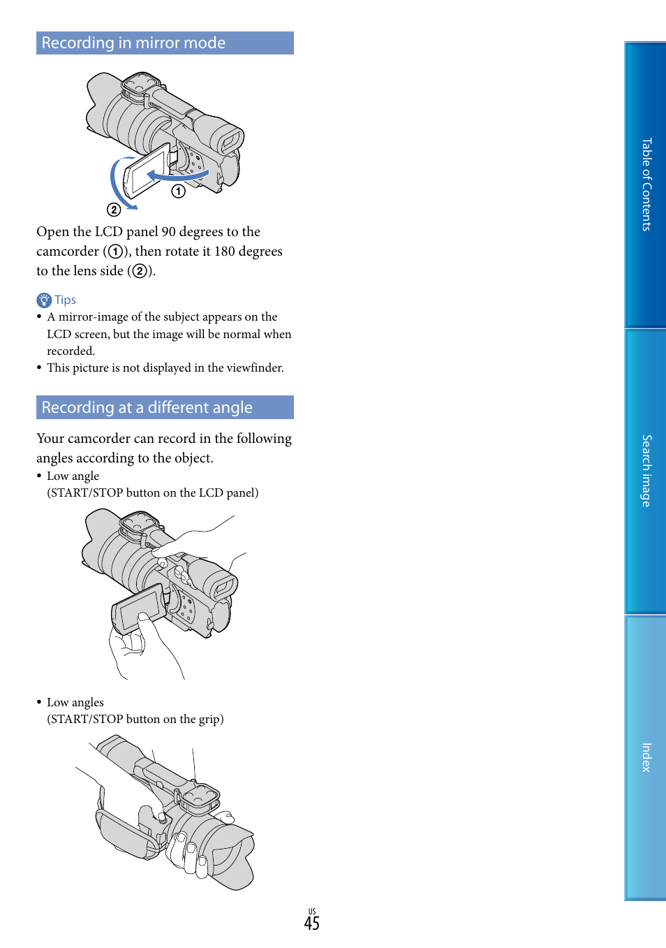 Recording in mirror mode, Recording at a different angle, Le (45) | Sony NEX-VG20 User Manual | Page 45 / 117