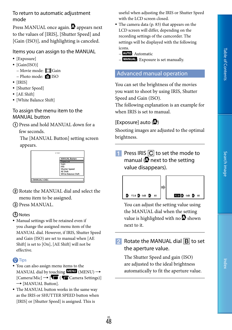 Advanced manual operation, Rotate the manual dial  to set the aperture value | Sony NEX-VG20 User Manual | Page 48 / 117