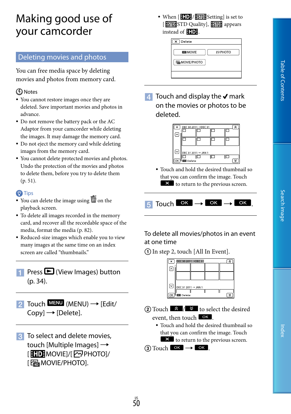 Making good use of your camcorder, Deleting movies and photos | Sony NEX-VG20 User Manual | Page 50 / 117